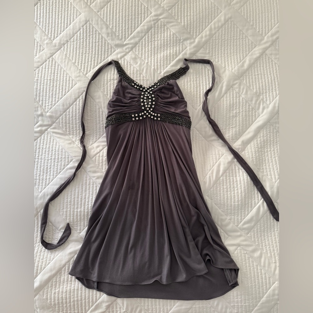 Sky Charcoal Gray Backless Halter Dress with Crystal and Chain Embellishments